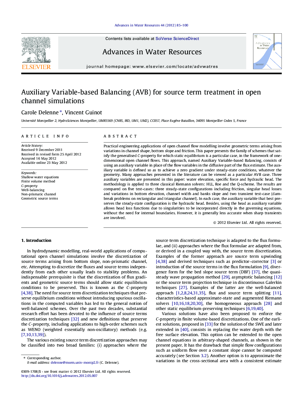 Auxiliary Variable-based Balancing (AVB) for source term treatment in open channel simulations