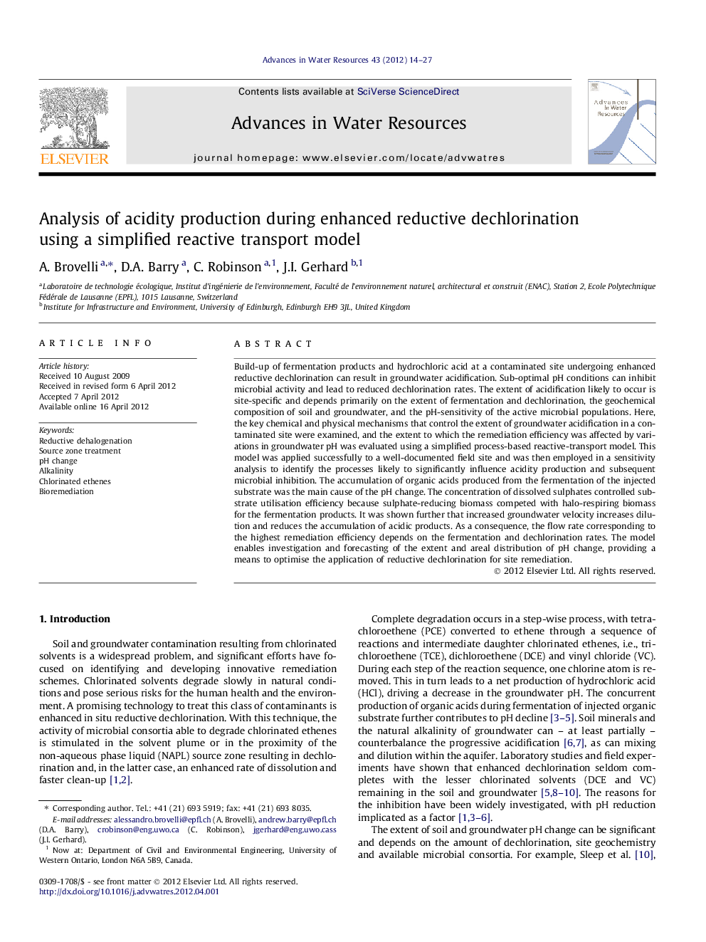 Analysis of acidity production during enhanced reductive dechlorination using a simplified reactive transport model