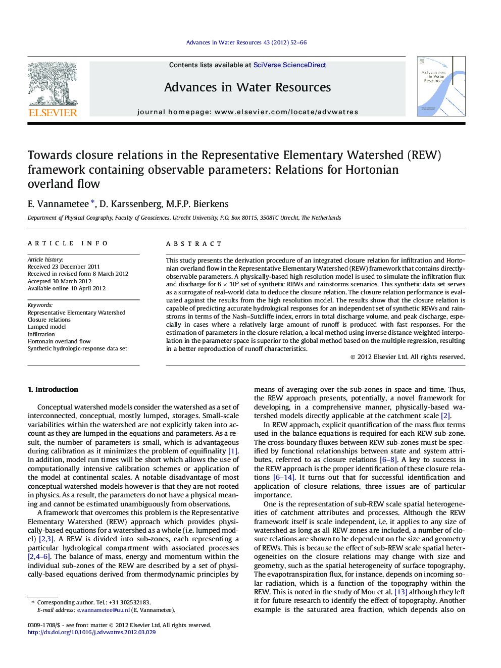Towards closure relations in the Representative Elementary Watershed (REW) framework containing observable parameters: Relations for Hortonian overland flow