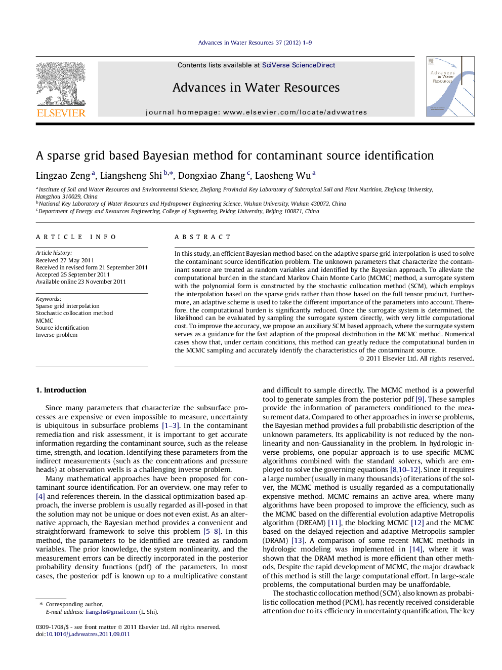 A sparse grid based Bayesian method for contaminant source identification