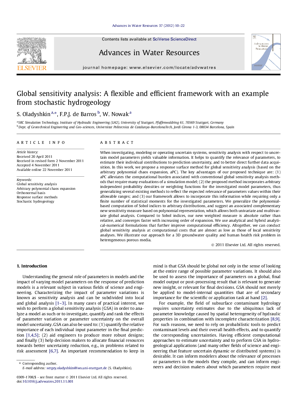 Global sensitivity analysis: A flexible and efficient framework with an example from stochastic hydrogeology