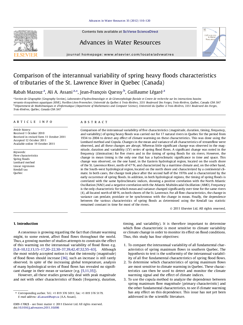 Comparison of the interannual variability of spring heavy floods characteristics of tributaries of the St. Lawrence River in Quebec (Canada)