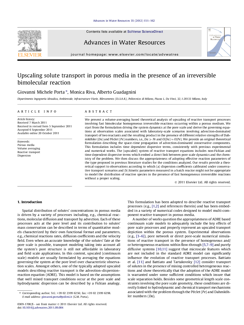 Upscaling solute transport in porous media in the presence of an irreversible bimolecular reaction