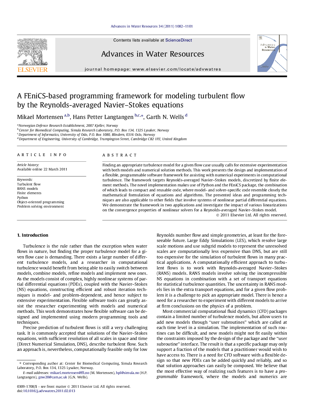 عکس صفحه اول مقاله: A FEniCS-based programming framework for modeling turbulent flow by the Reynolds-averaged Navier–Stokes equations A FEniCS-based programming framework for modeling turbulent flow by the Reynolds-averaged Navier–Stokes equations