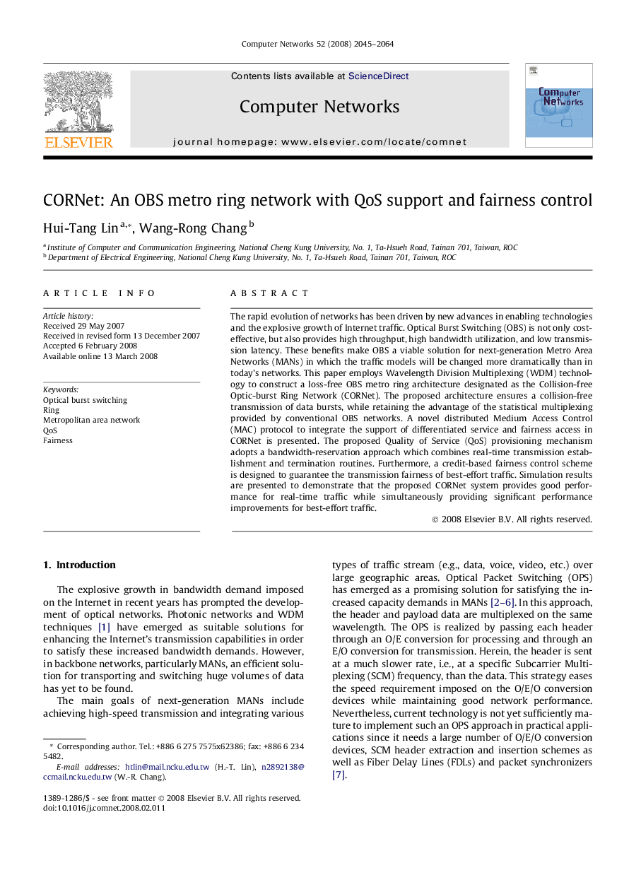 CORNet: An OBS metro ring network with QoS support and fairness control
