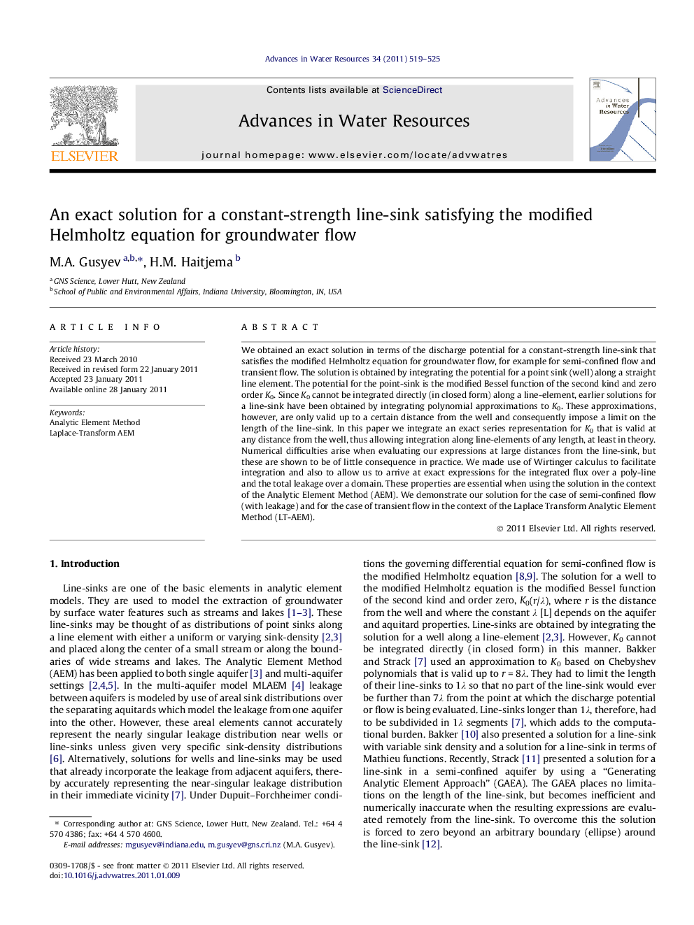 An exact solution for a constant-strength line-sink satisfying the modified Helmholtz equation for groundwater flow