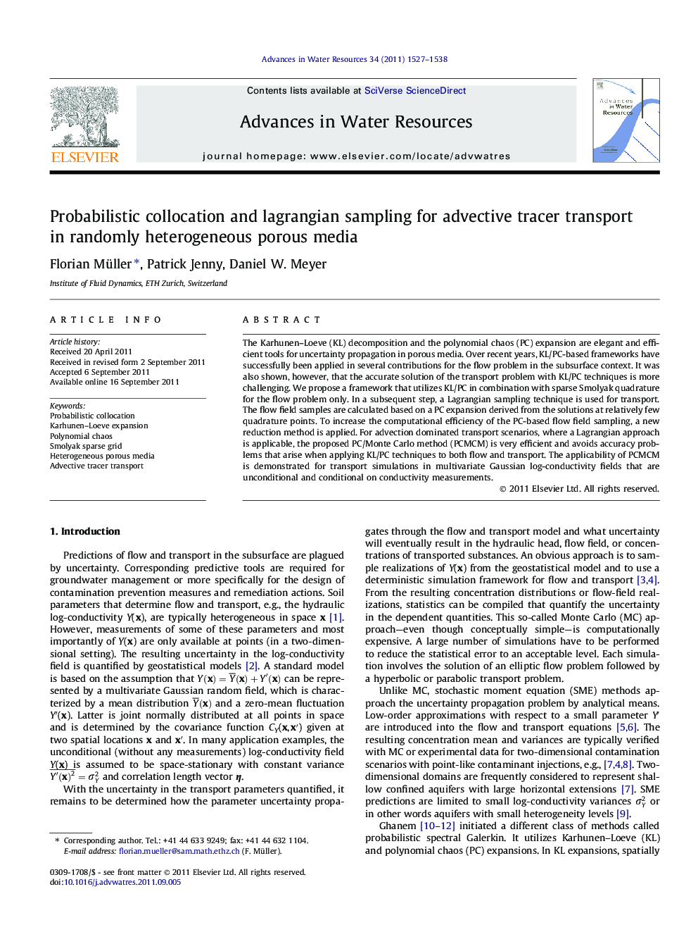 Probabilistic collocation and lagrangian sampling for advective tracer transport in randomly heterogeneous porous media