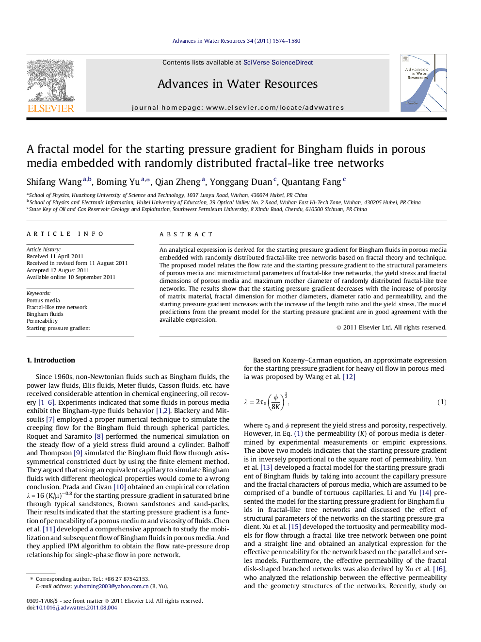 A fractal model for the starting pressure gradient for Bingham fluids in porous media embedded with randomly distributed fractal-like tree networks