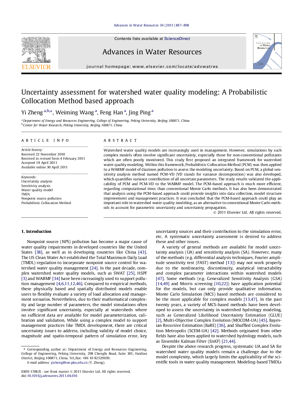 Uncertainty assessment for watershed water quality modeling: A Probabilistic Collocation Method based approach