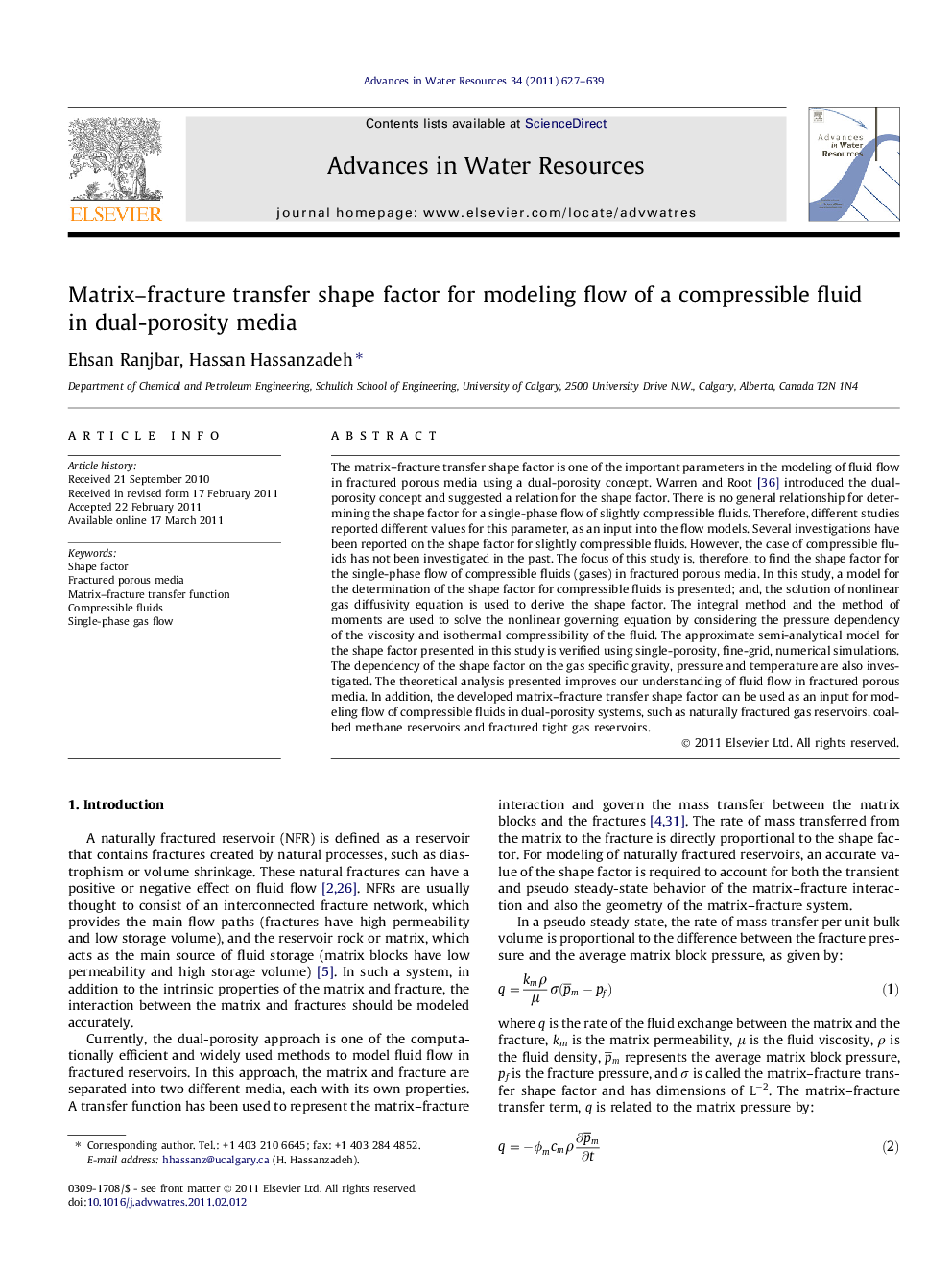 Matrix–fracture transfer shape factor for modeling flow of a compressible fluid in dual-porosity media