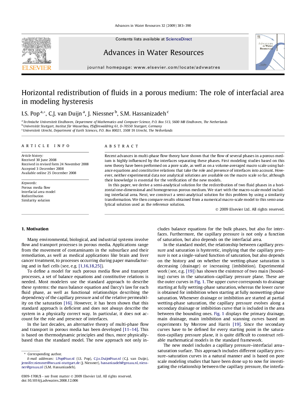 Horizontal redistribution of fluids in a porous medium: The role of interfacial area in modeling hysteresis