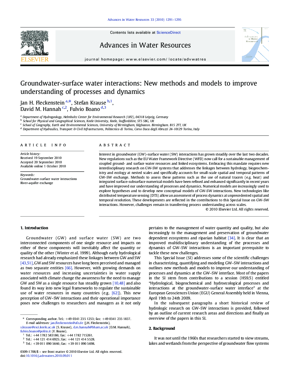 Groundwater-surface water interactions: New methods and models to improve understanding of processes and dynamics