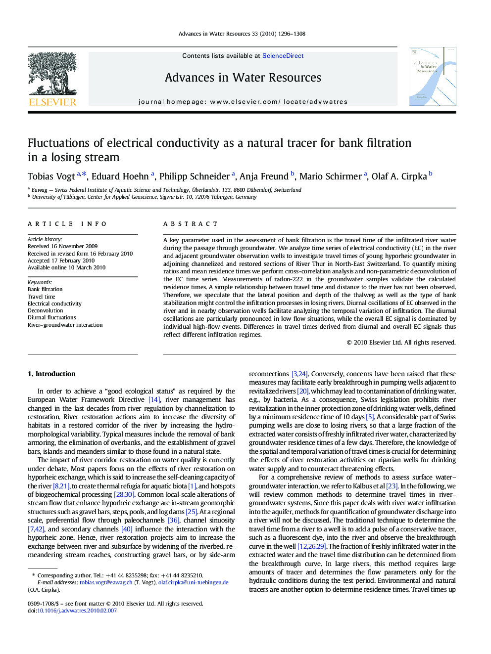 Fluctuations of electrical conductivity as a natural tracer for bank filtration in a losing stream