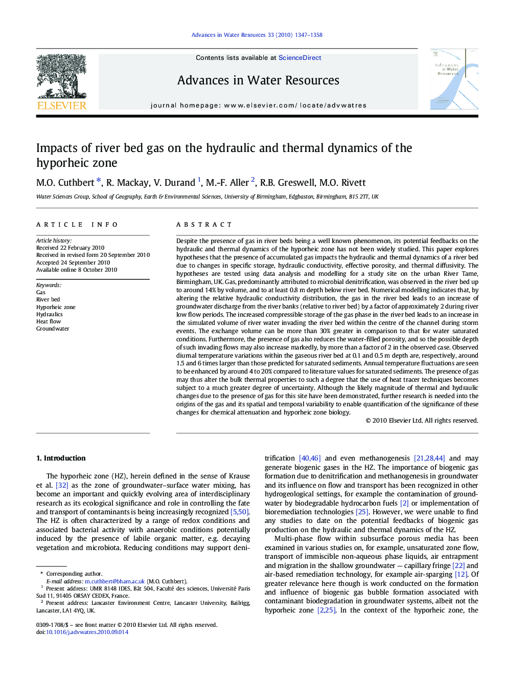 Impacts of river bed gas on the hydraulic and thermal dynamics of the hyporheic zone