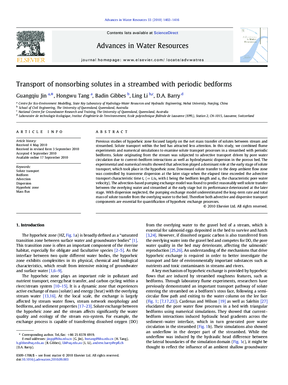 Transport of nonsorbing solutes in a streambed with periodic bedforms