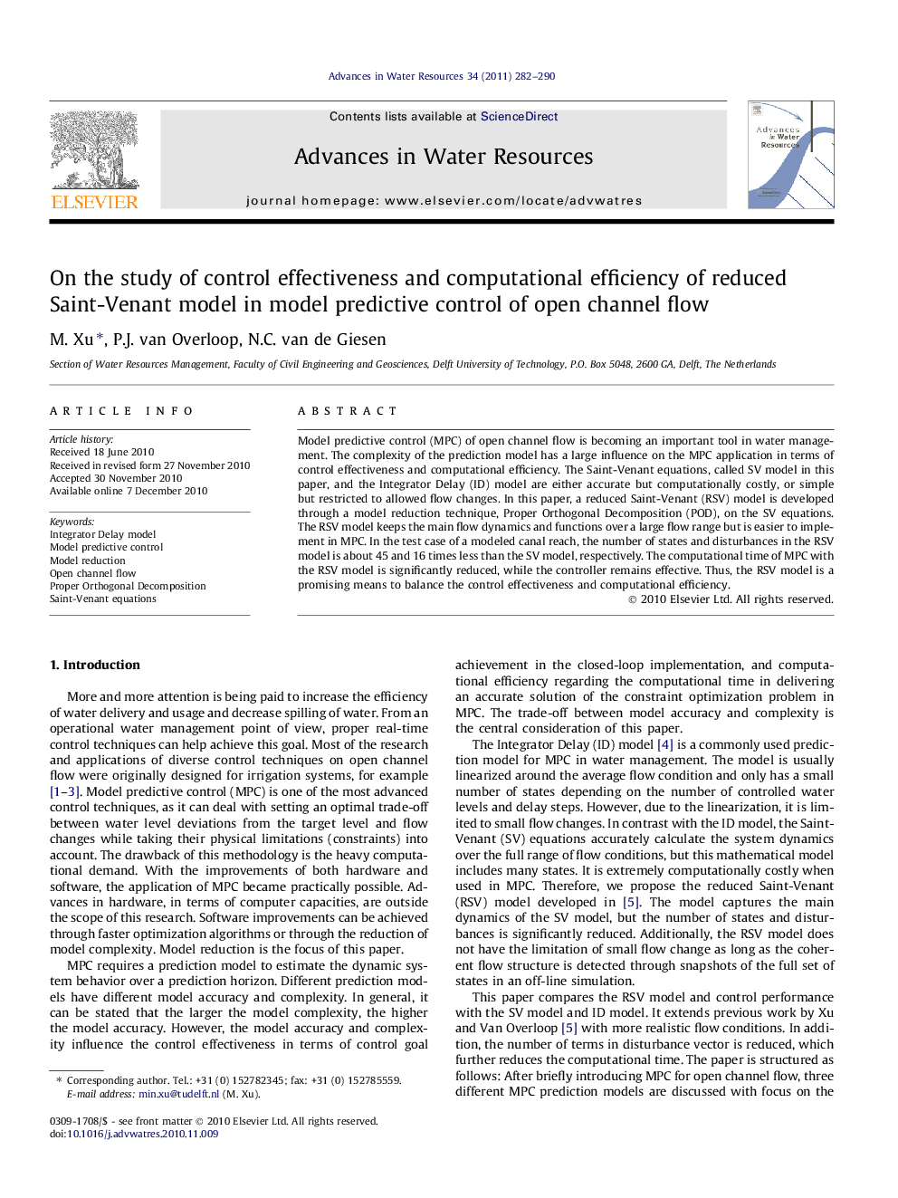 On the study of control effectiveness and computational efficiency of reduced Saint-Venant model in model predictive control of open channel flow