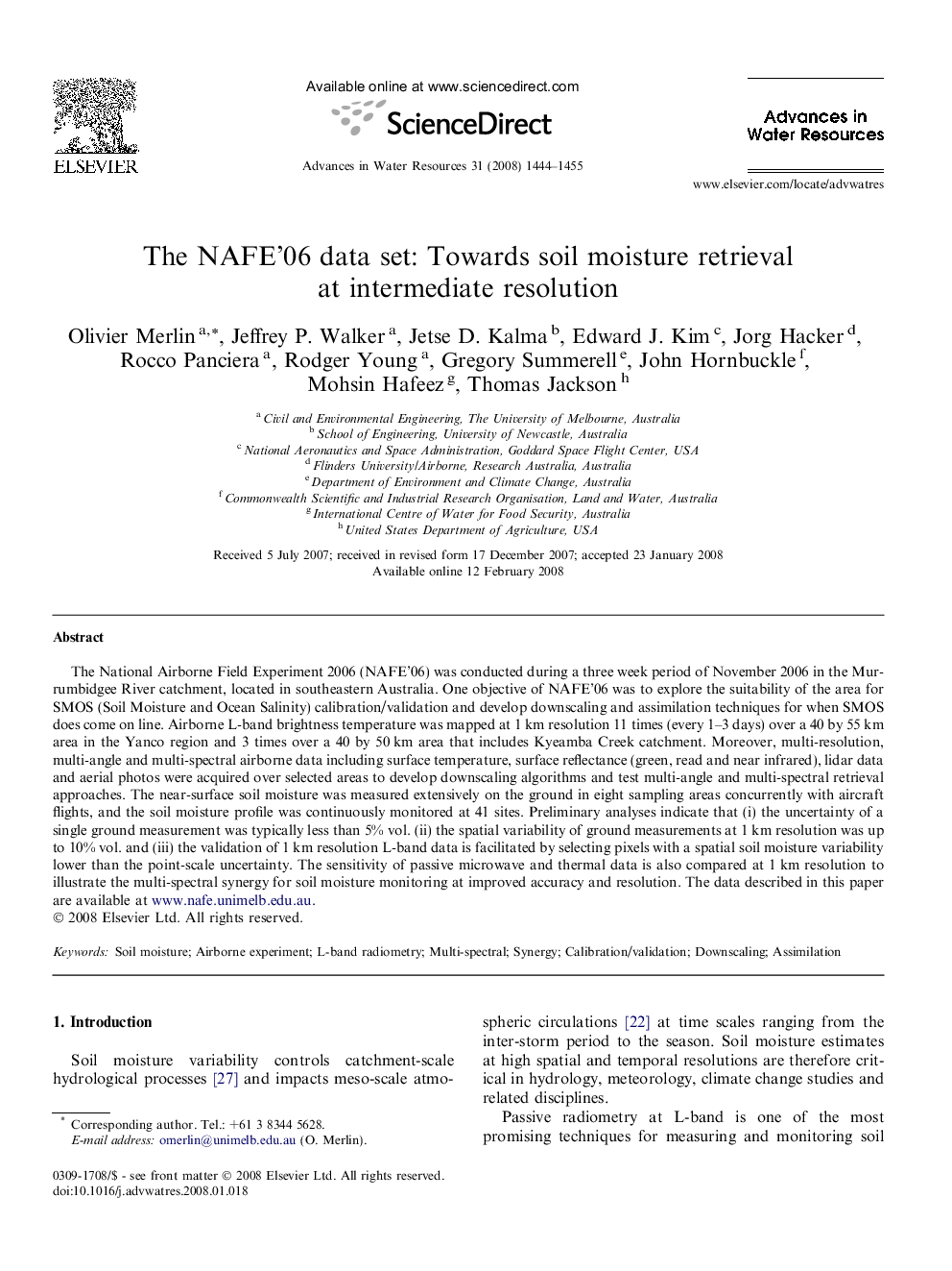 The NAFE’06 data set: Towards soil moisture retrieval at intermediate resolution