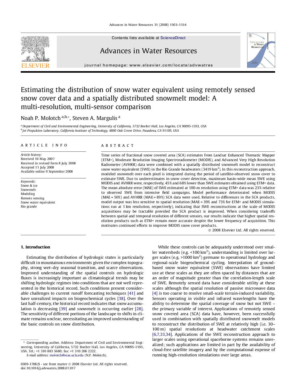 عکس صفحه اول مقاله: Estimating the distribution of snow water equivalent using remotely sensed snow cover data and a spatially distributed snowmelt model: A multi-resolution, multi-sensor comparison Estimating the distribution of snow water equivalent using remotely sensed snow cover data and a spatially distributed snowmelt model: A multi-resolution, multi-sensor comparison