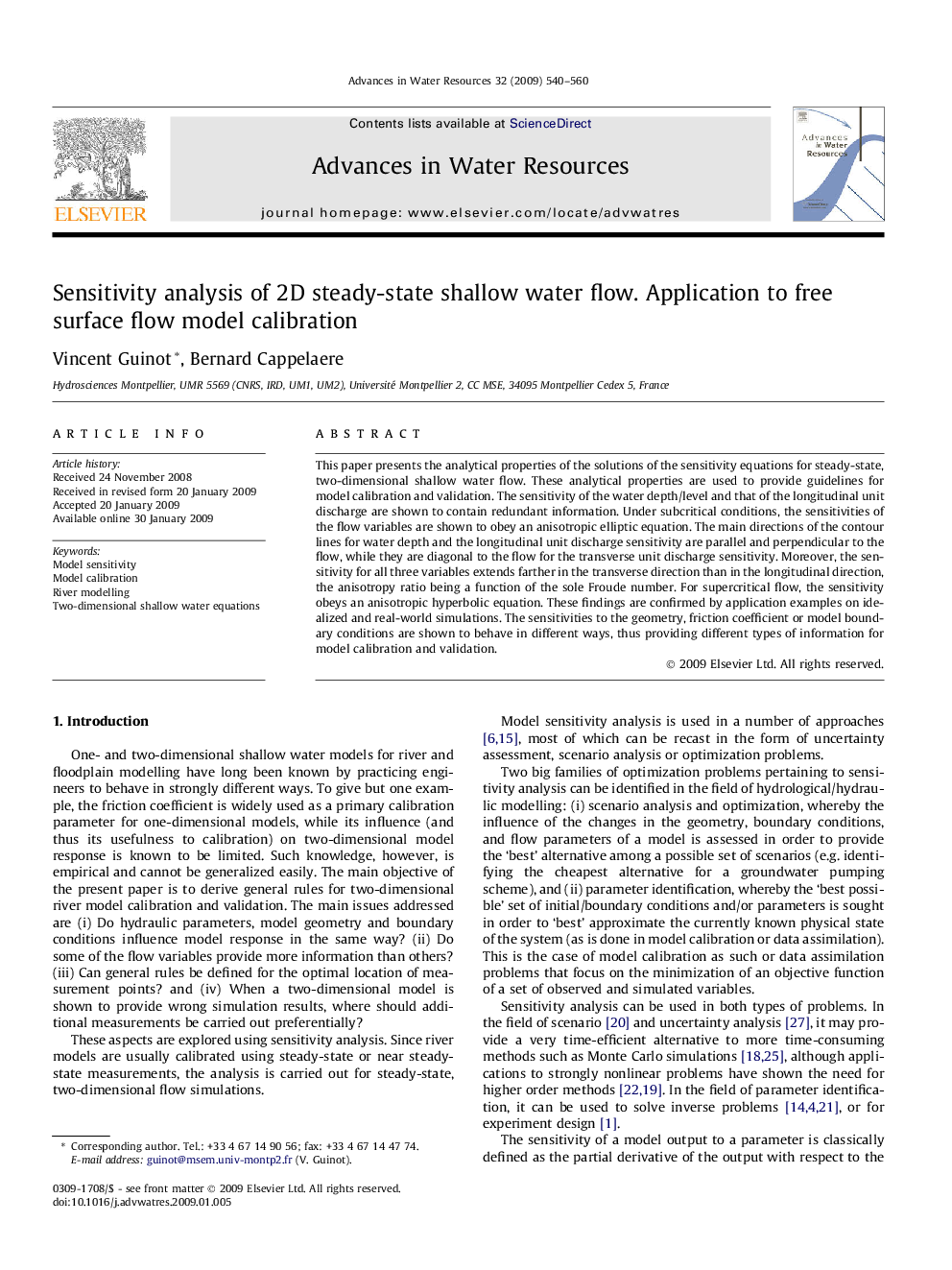 Sensitivity analysis of 2D steady-state shallow water flow. Application to free surface flow model calibration