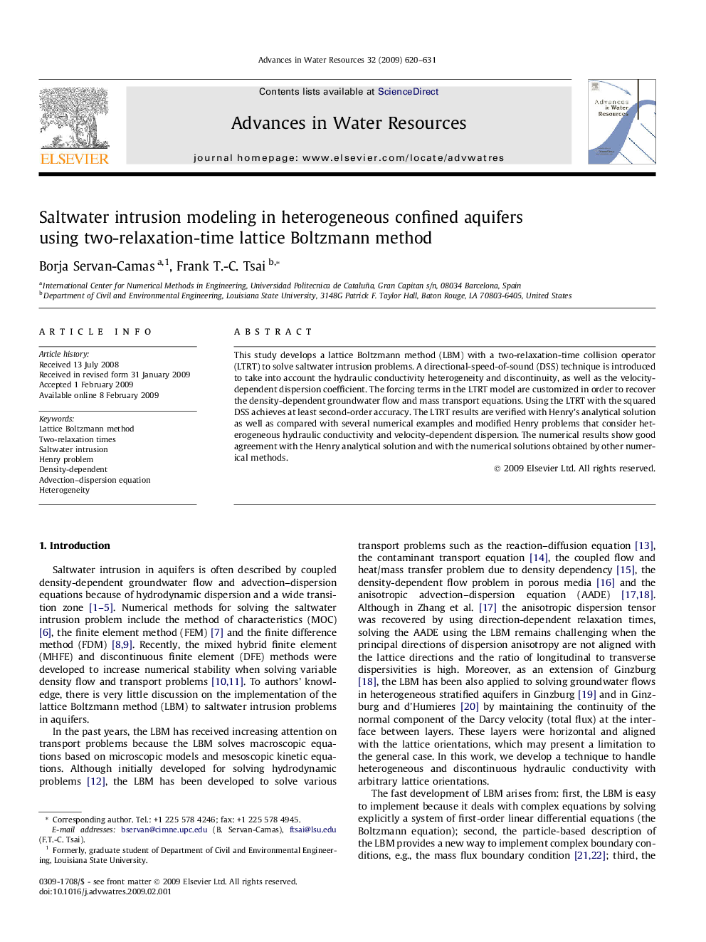 Saltwater intrusion modeling in heterogeneous confined aquifers using two-relaxation-time lattice Boltzmann method