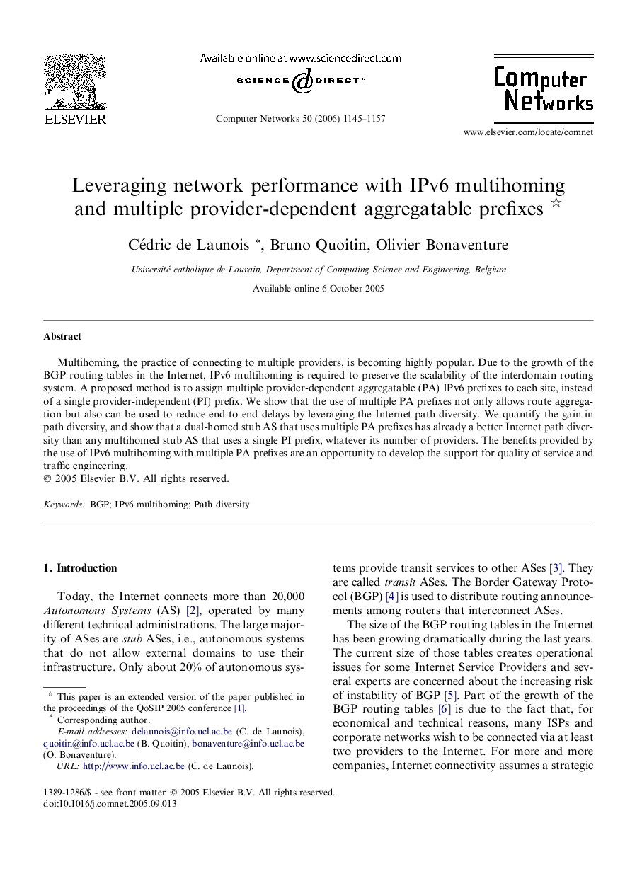 Leveraging network performance with IPv6 multihoming and multiple provider-dependent aggregatable prefixes 