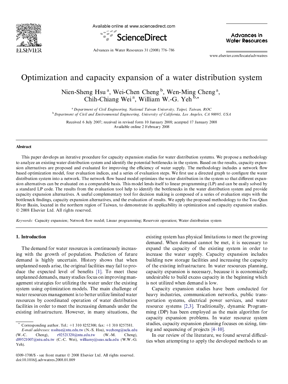 Optimization and capacity expansion of a water distribution system