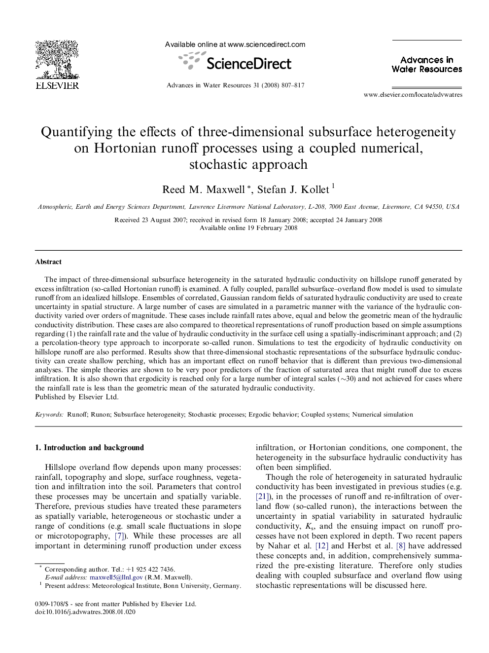 Quantifying the effects of three-dimensional subsurface heterogeneity on Hortonian runoff processes using a coupled numerical, stochastic approach