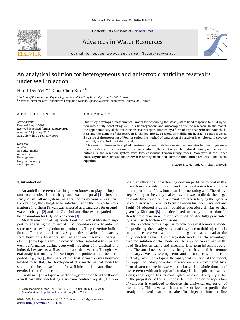 An analytical solution for heterogeneous and anisotropic anticline reservoirs under well injection