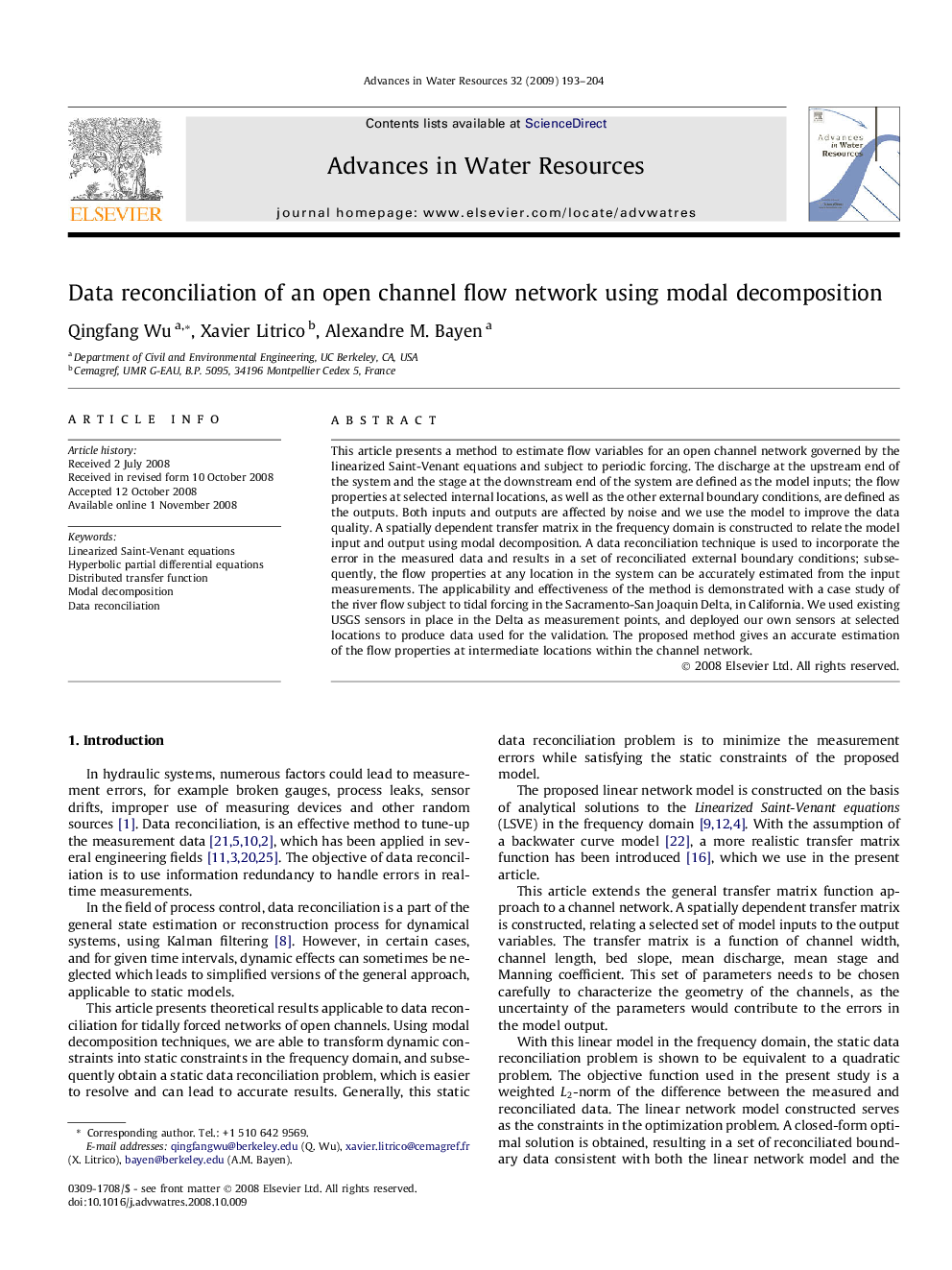 Data reconciliation of an open channel flow network using modal decomposition