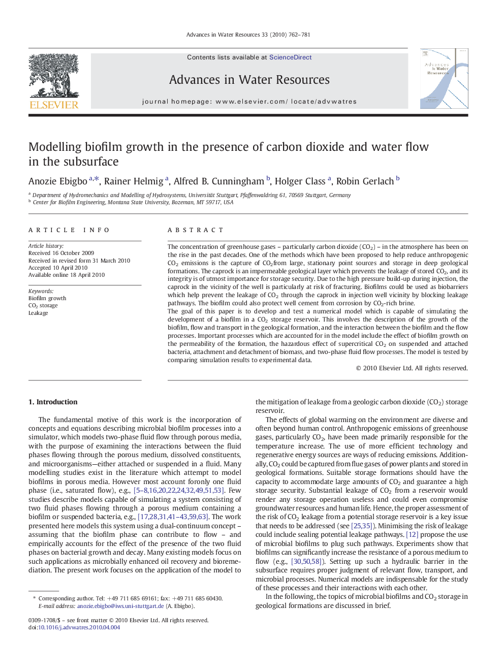 Modelling biofilm growth in the presence of carbon dioxide and water flow in the subsurface