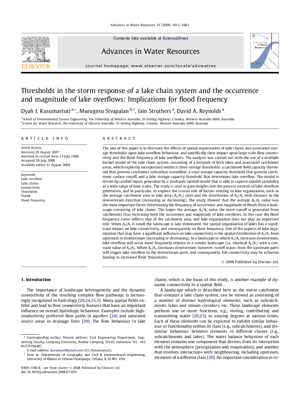 Thresholds in the storm response of a lake chain system and the occurrence and magnitude of lake overflows: Implications for flood frequency