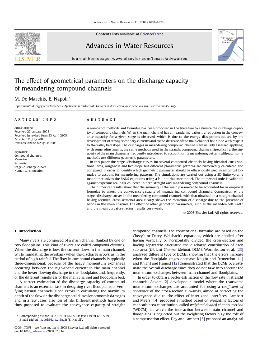 The effect of geometrical parameters on the discharge capacity of meandering compound channels