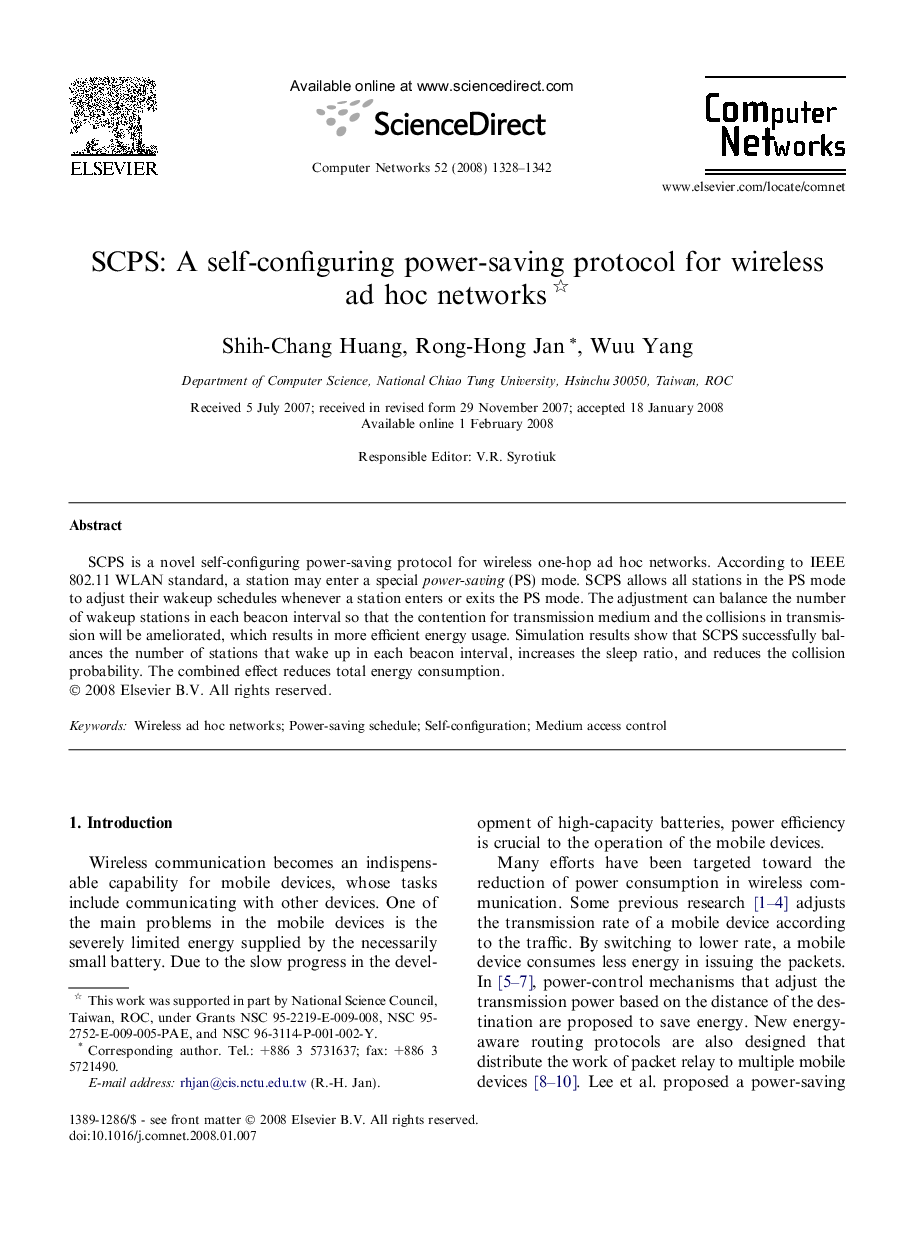 SCPS: A self-configuring power-saving protocol for wireless ad hoc networks 