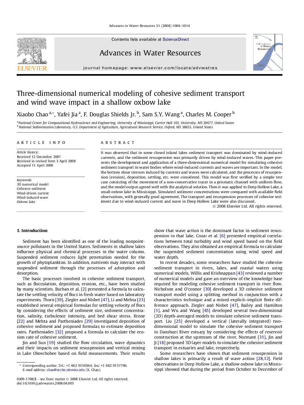 Three-dimensional numerical modeling of cohesive sediment transport and wind wave impact in a shallow oxbow lake