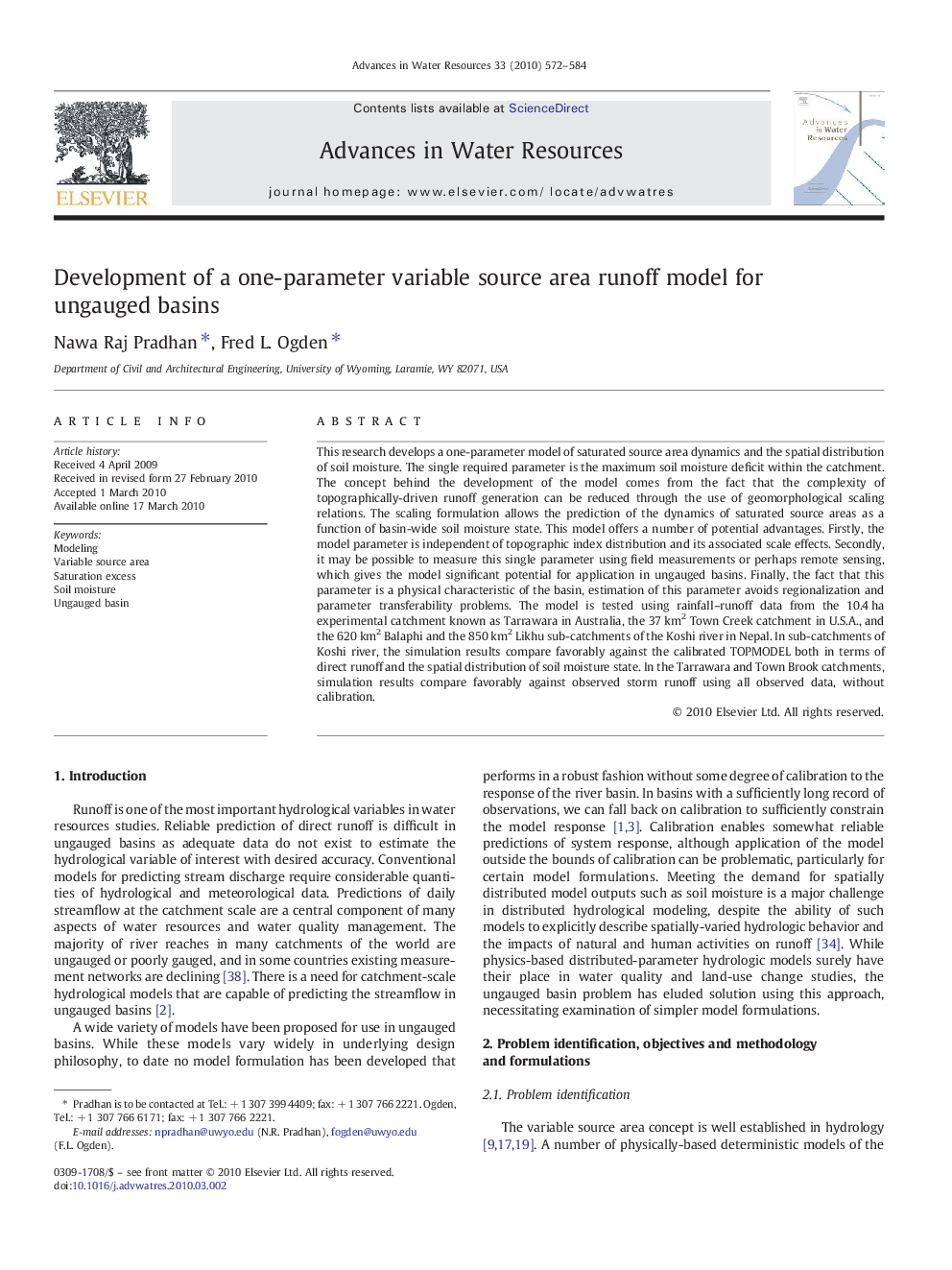 Development of a one-parameter variable source area runoff model for ungauged basins