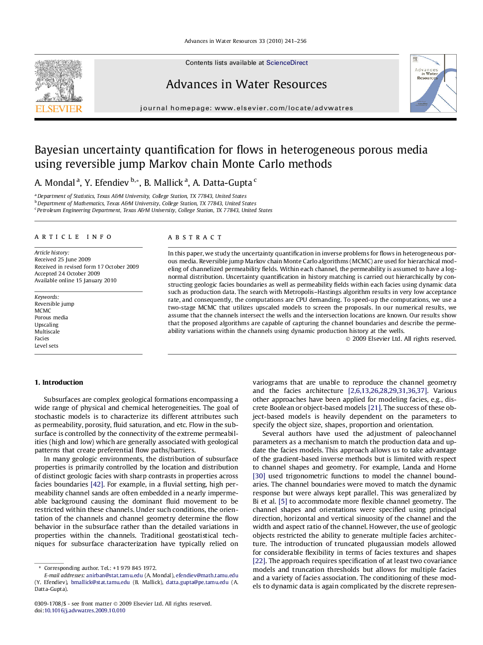 Bayesian uncertainty quantification for flows in heterogeneous porous media using reversible jump Markov chain Monte Carlo methods