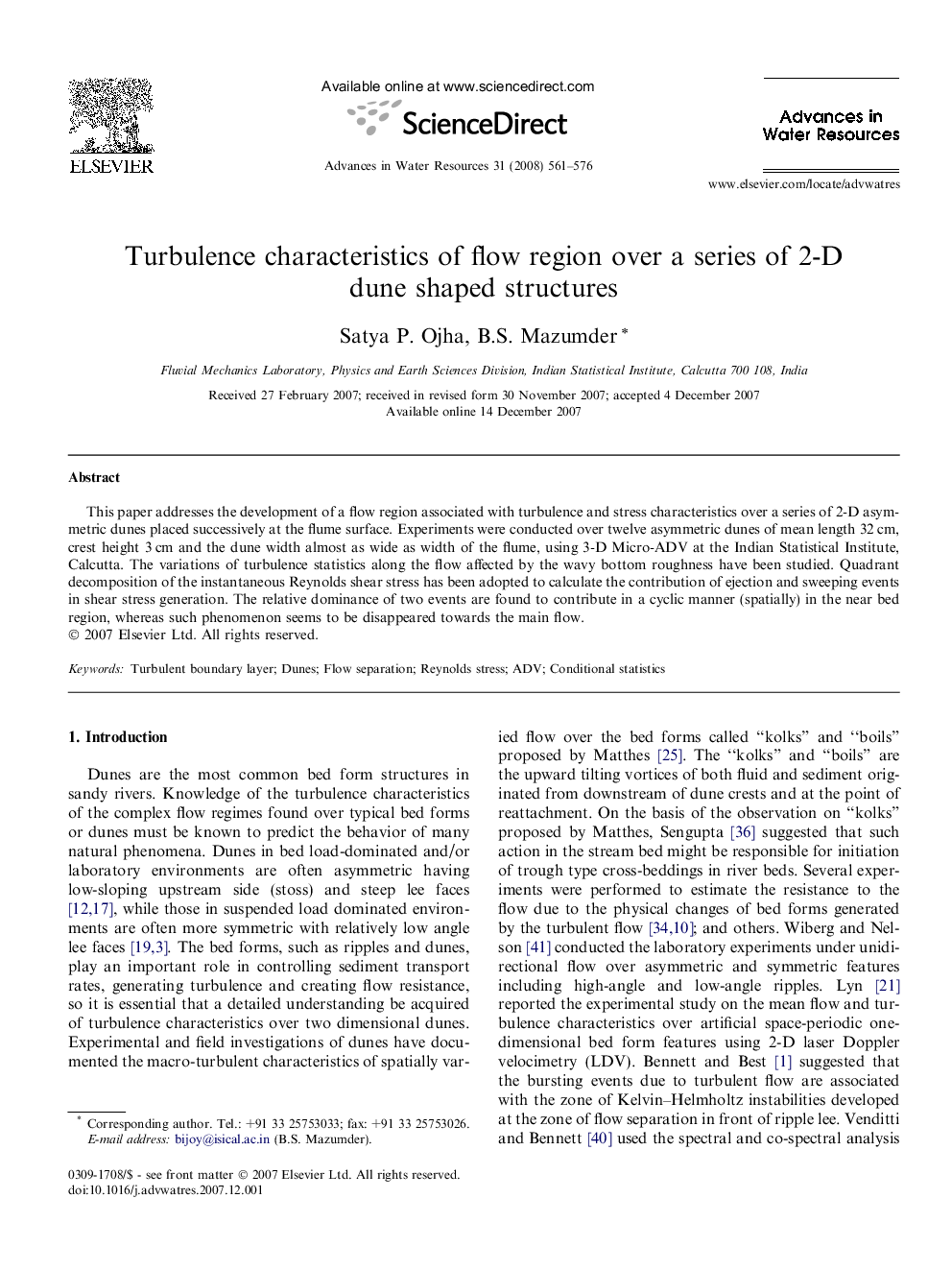 Turbulence characteristics of flow region over a series of 2-D dune shaped structures