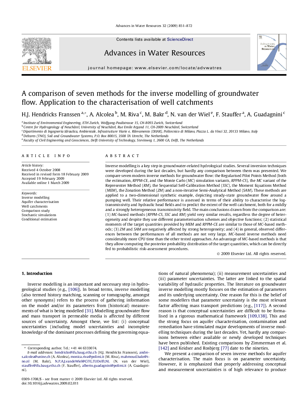 A comparison of seven methods for the inverse modelling of groundwater flow. Application to the characterisation of well catchments