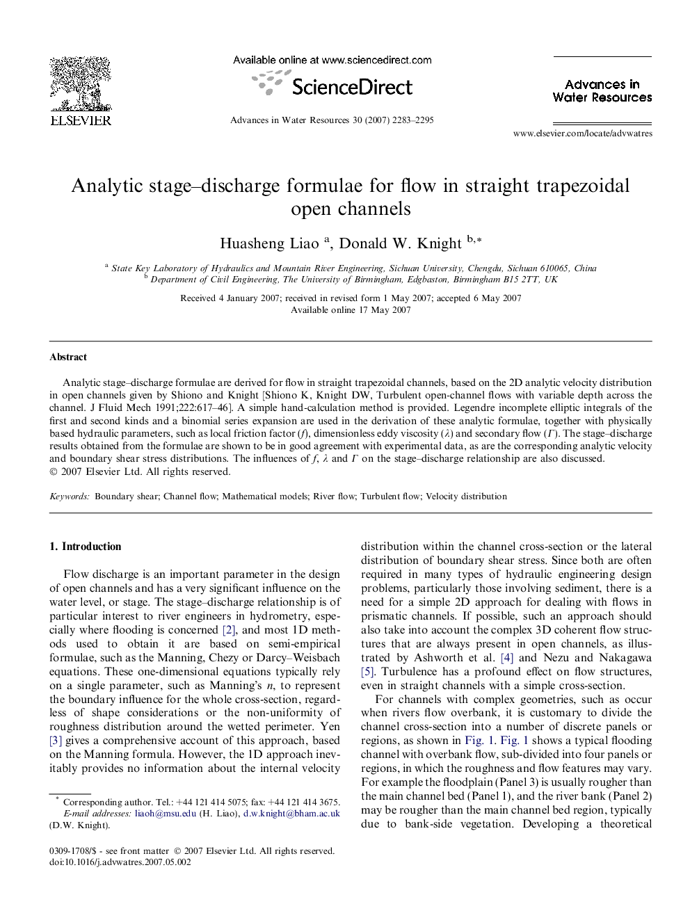 Analytic stage–discharge formulae for flow in straight trapezoidal open channels