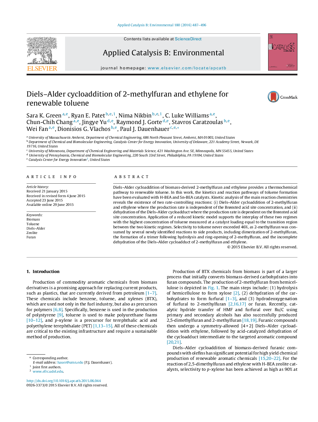 Diels–Alder cycloaddition of 2-methylfuran and ethylene for renewable toluene