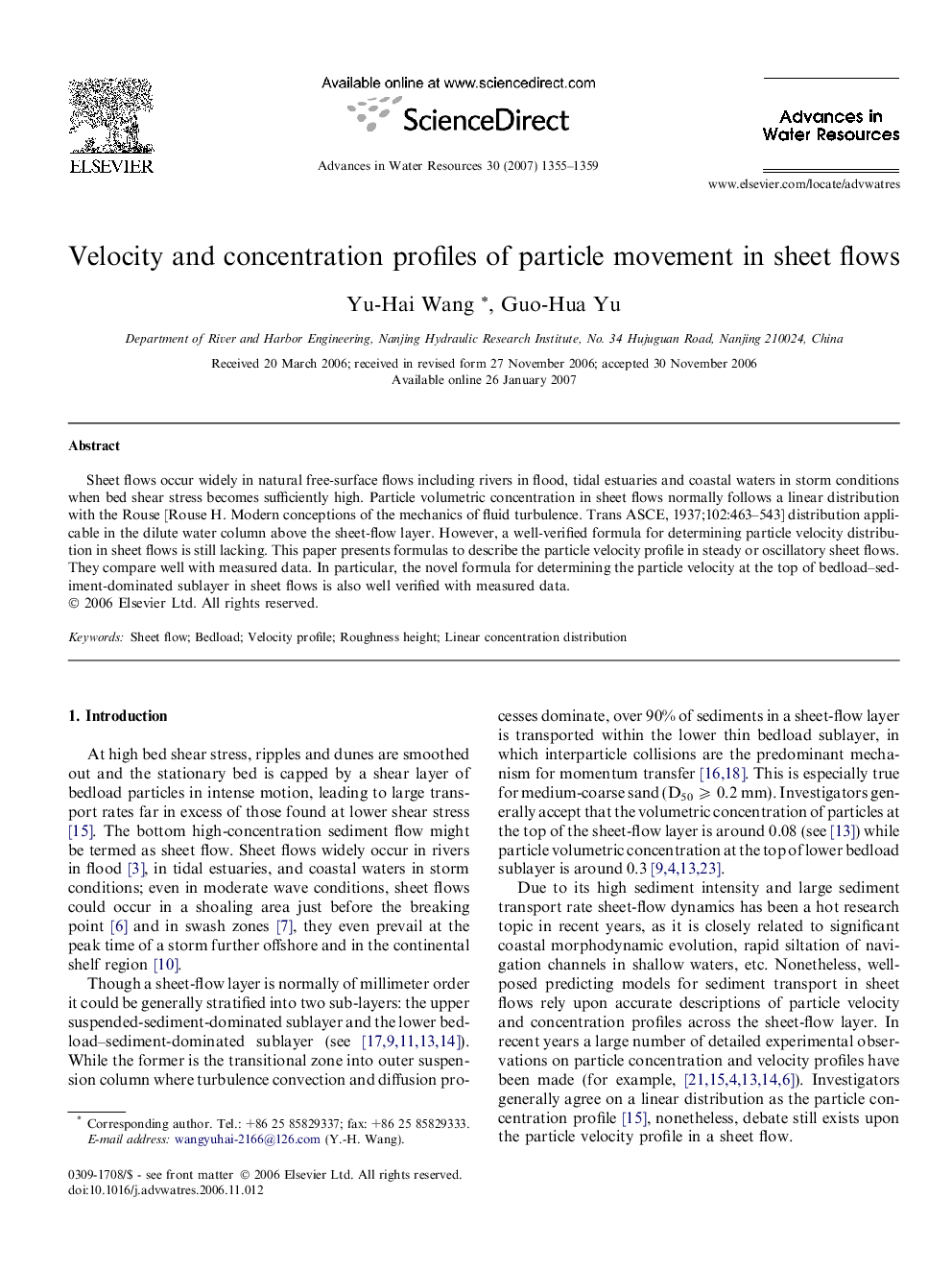 Velocity and concentration profiles of particle movement in sheet flows