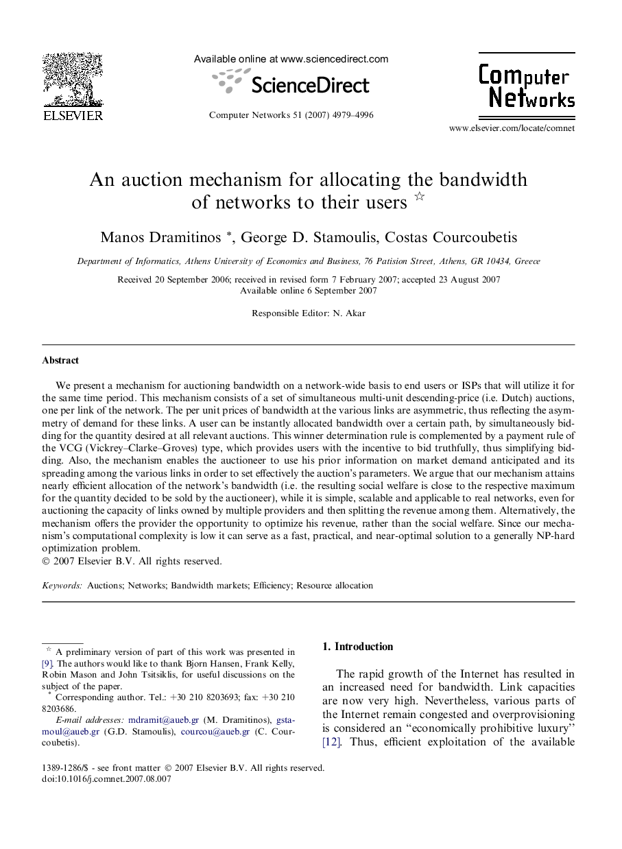 An auction mechanism for allocating the bandwidth of networks to their users 