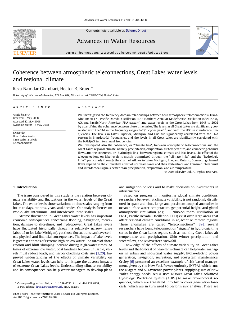 Coherence between atmospheric teleconnections, Great Lakes water levels, and regional climate