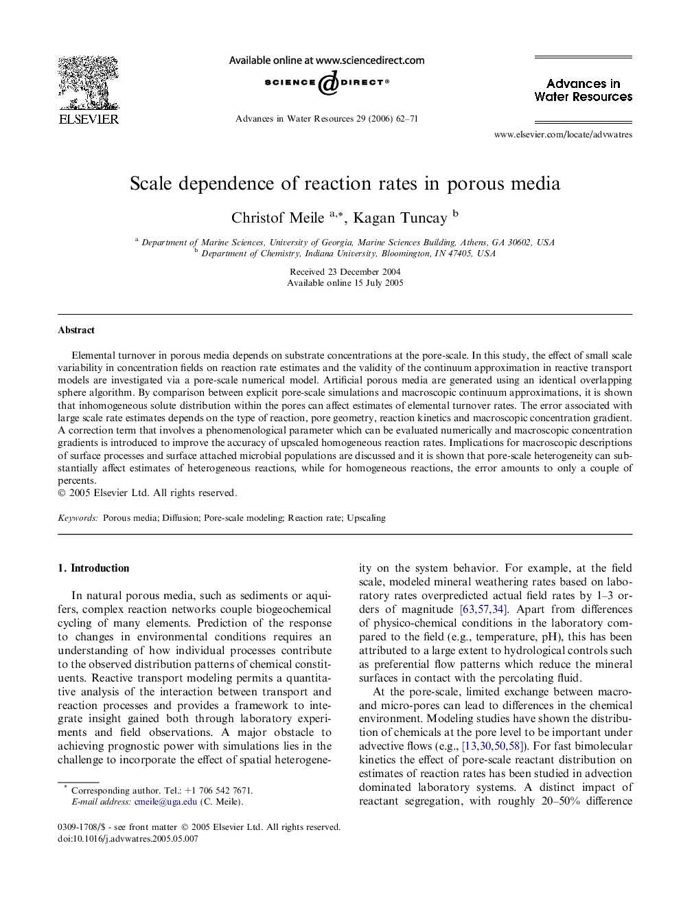 عکس صفحه اول مقاله: Scale dependence of reaction rates in porous media Scale dependence of reaction rates in porous media