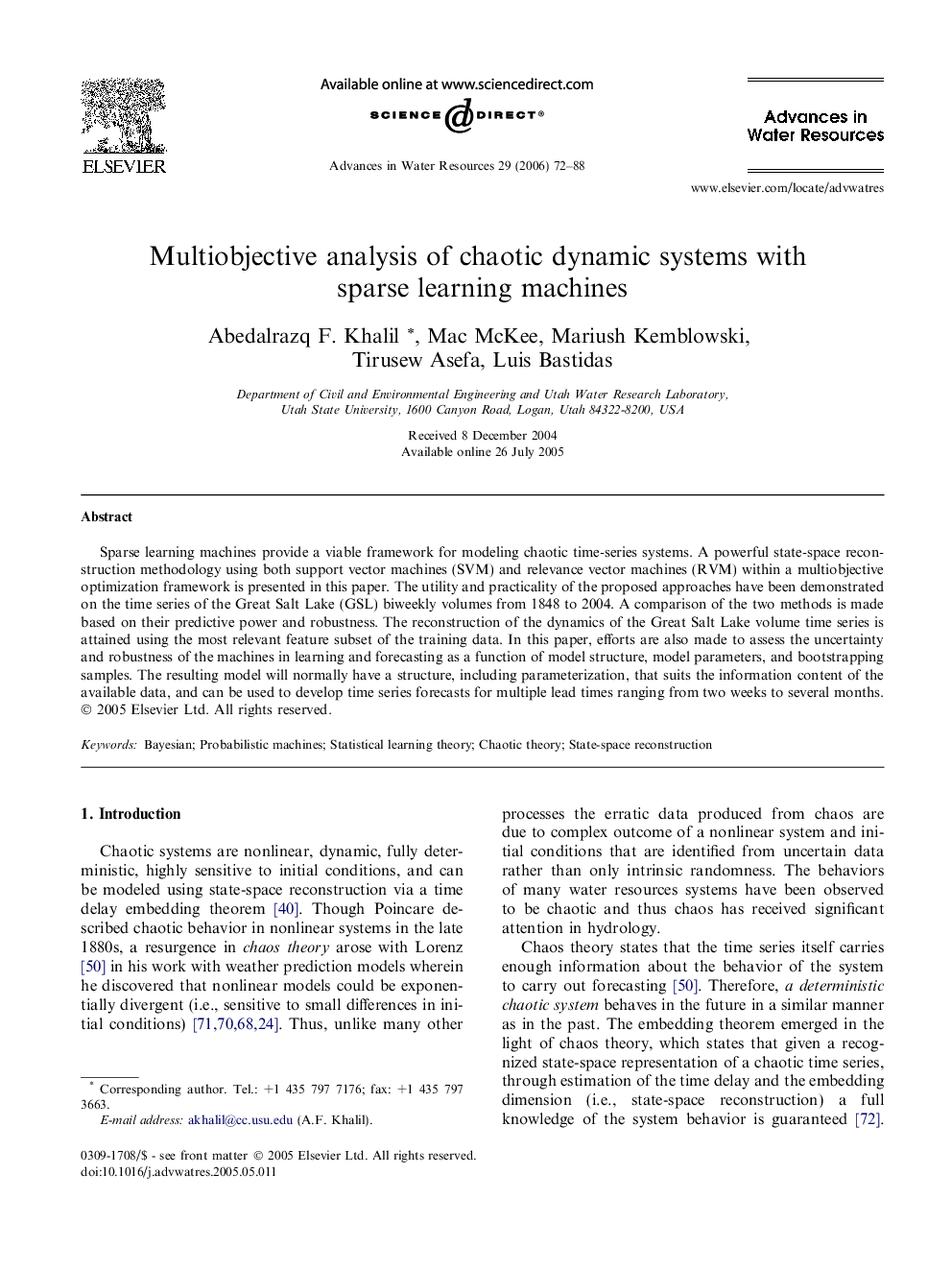 Multiobjective analysis of chaotic dynamic systems with sparse learning machines