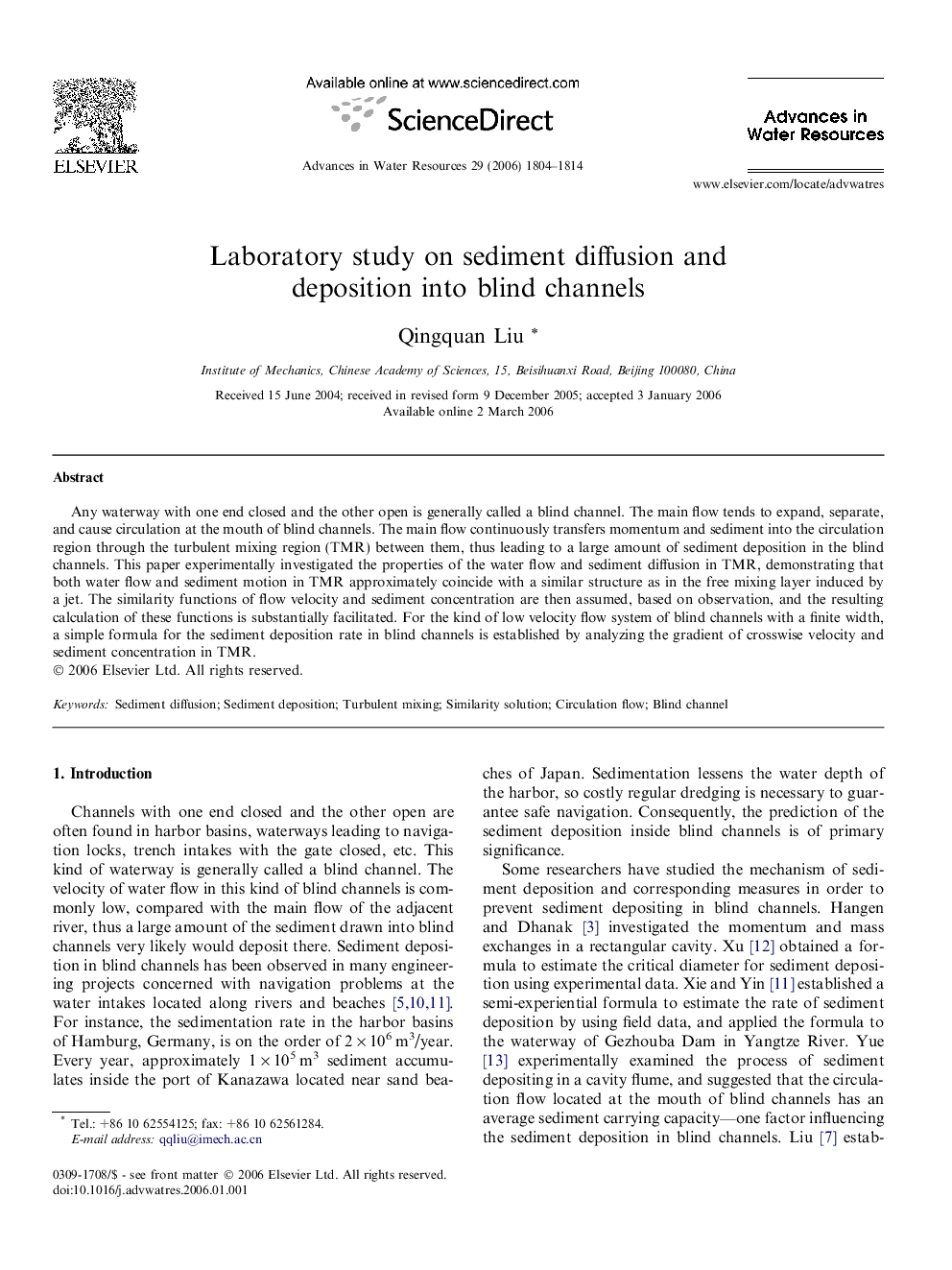 Laboratory study on sediment diffusion and deposition into blind channels