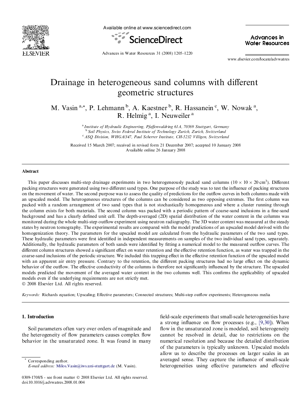 Drainage in heterogeneous sand columns with different geometric structures