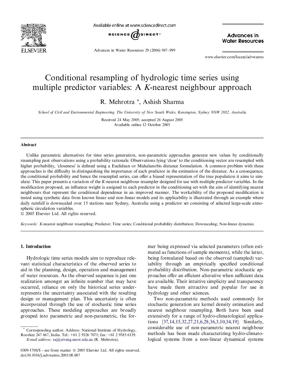 Conditional resampling of hydrologic time series using multiple predictor variables: A K-nearest neighbour approach