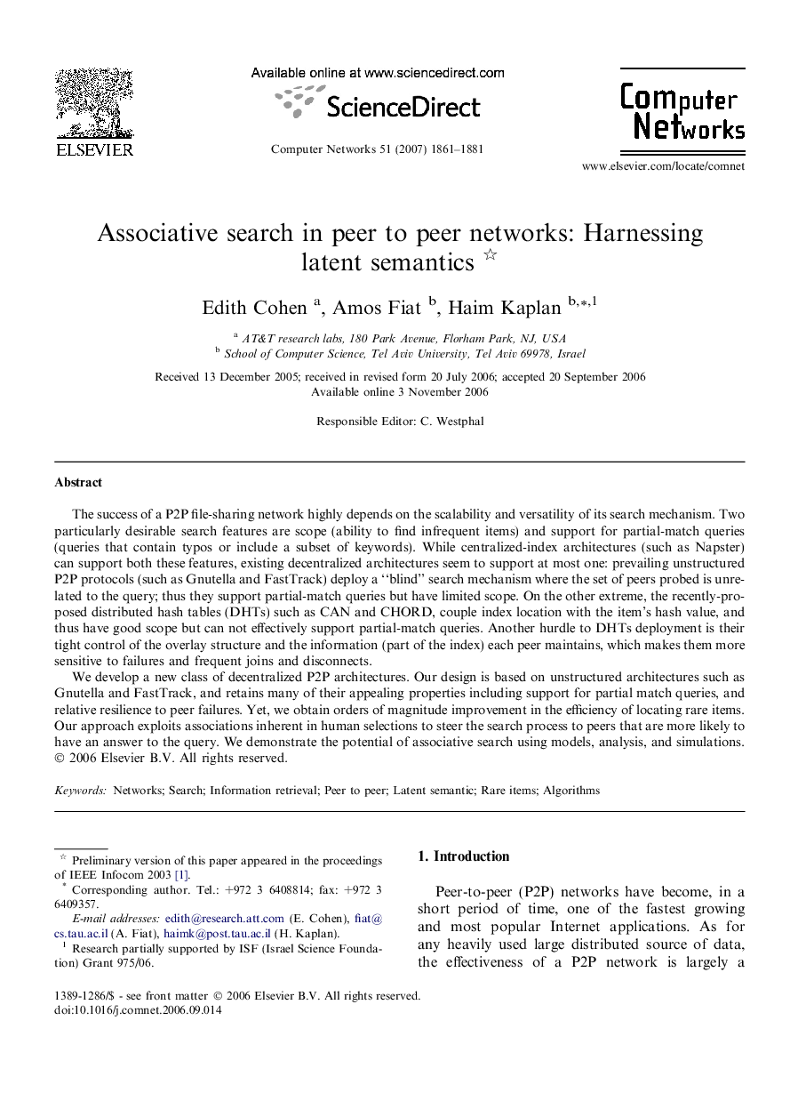 Associative search in peer to peer networks: Harnessing latent semantics 