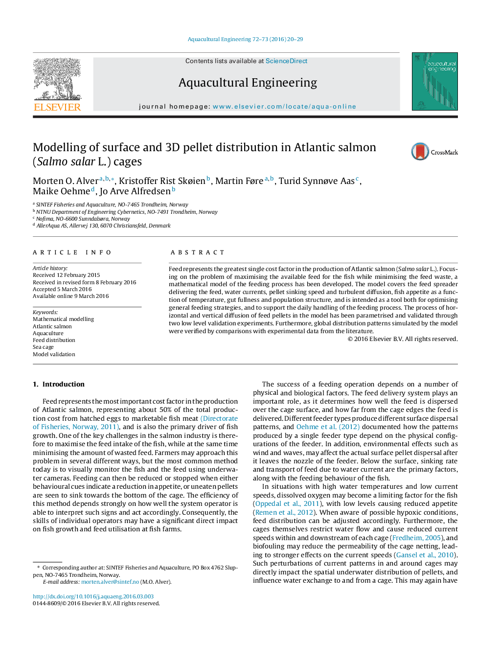 Modelling of surface and 3D pellet distribution in Atlantic salmon (Salmo salar L.) cages